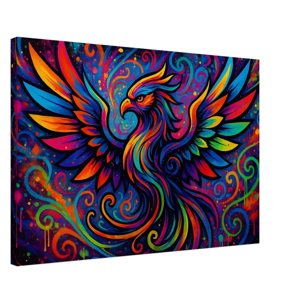 Colorful phoenix artwork on Neon Flame Canvas from PixiOnyx Psychedelic Graffiti Wall Art