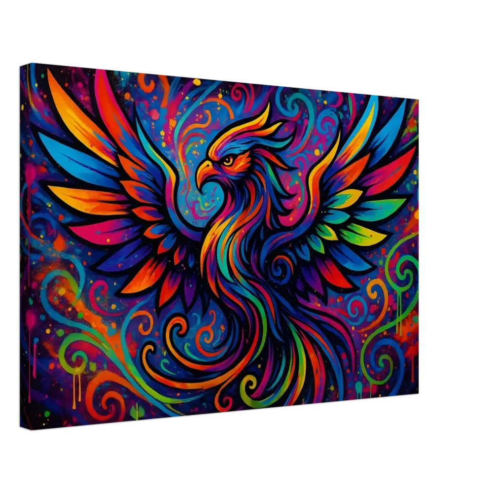 Colorful phoenix painting on neon flame canvas for psychedelic graffiti wall art