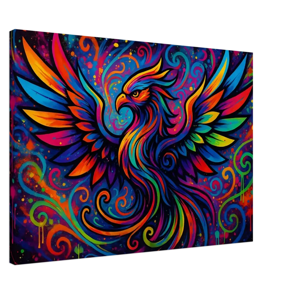 Colorful phoenix painting on neon flame canvas art by PixiOnyx Abstract Psychedelic Graffiti Wall Art