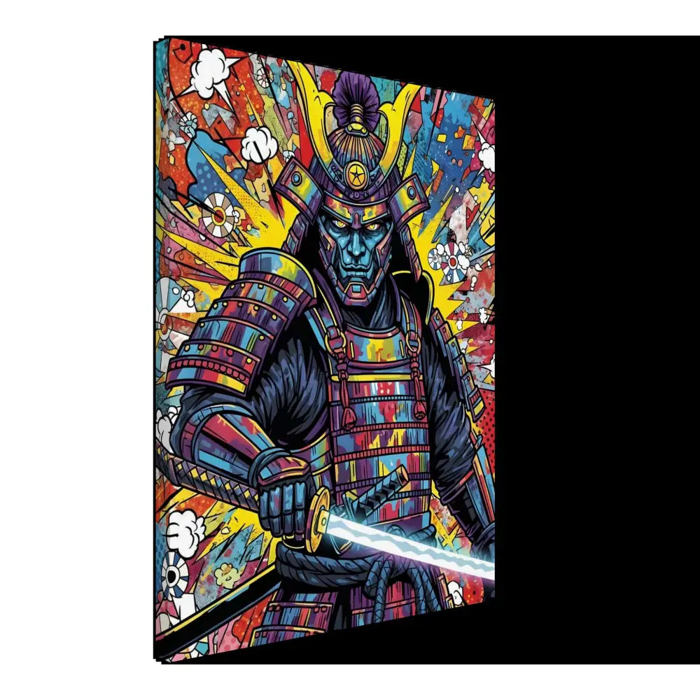 Colorful pop art samurai splash in full armor with glowing katana, part of PixiOnyx Boldline Gallery Series