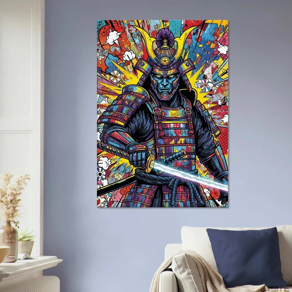 Colorful samurai splash canvas print from PixiOnyx Boldline Gallery series with clean wrap built