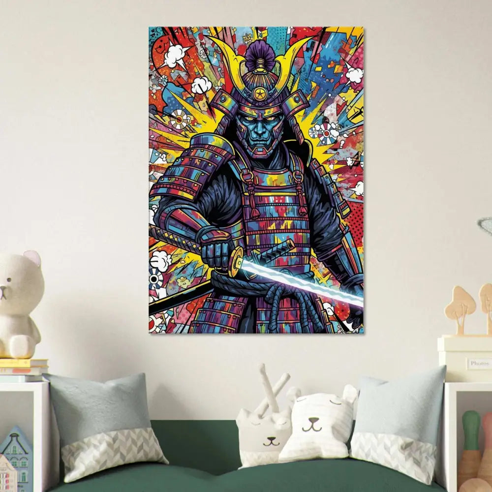 Colorful samurai splash canvas print with glowing katana in PixiOnyx Boldline Gallery Series