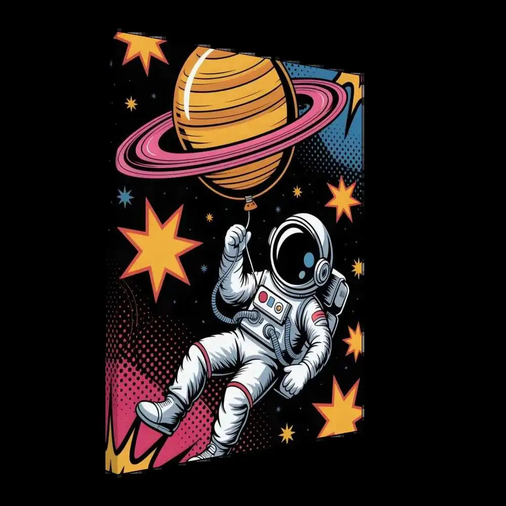 Cartoon astronaut holding a planet balloon on artist-grade cotton-poly canvas with fade-proof pigment