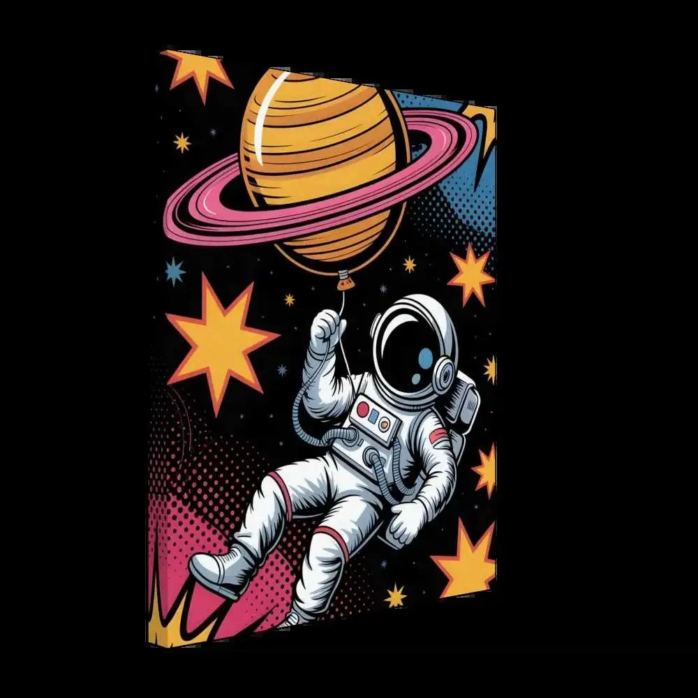 Astronaut floating with Saturn-shaped balloon on artist-grade cotton-poly canvas fade-proof pigment