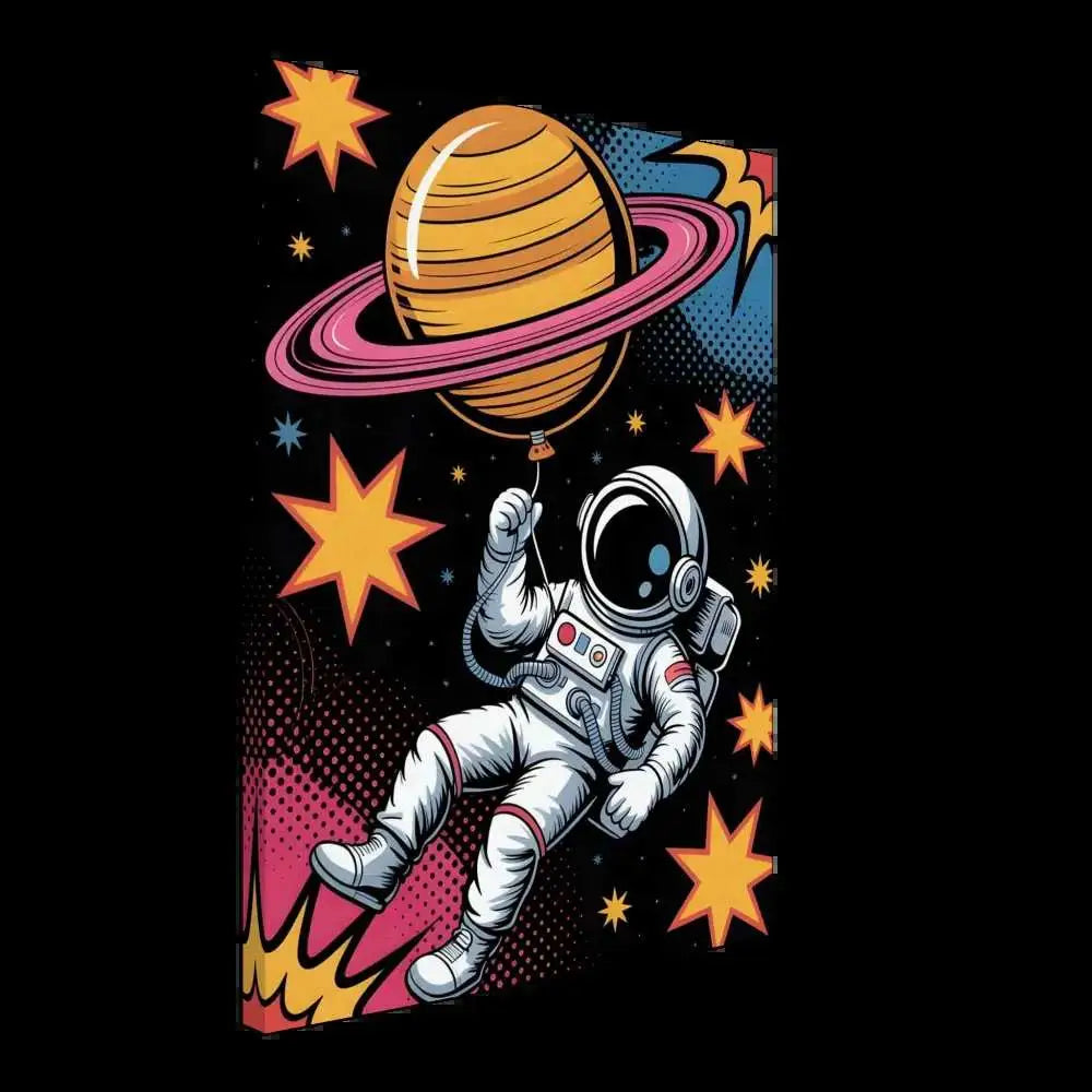 Astronaut in a white suit holding a Saturn-shaped balloon on artist-grade cotton-poly canvas