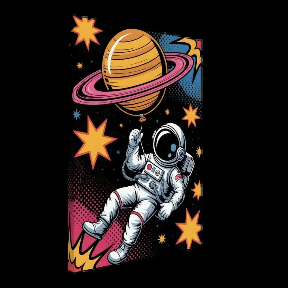Astronaut holding a Saturn-shaped balloon on artist-grade cotton-poly canvas with fade-proof pigment