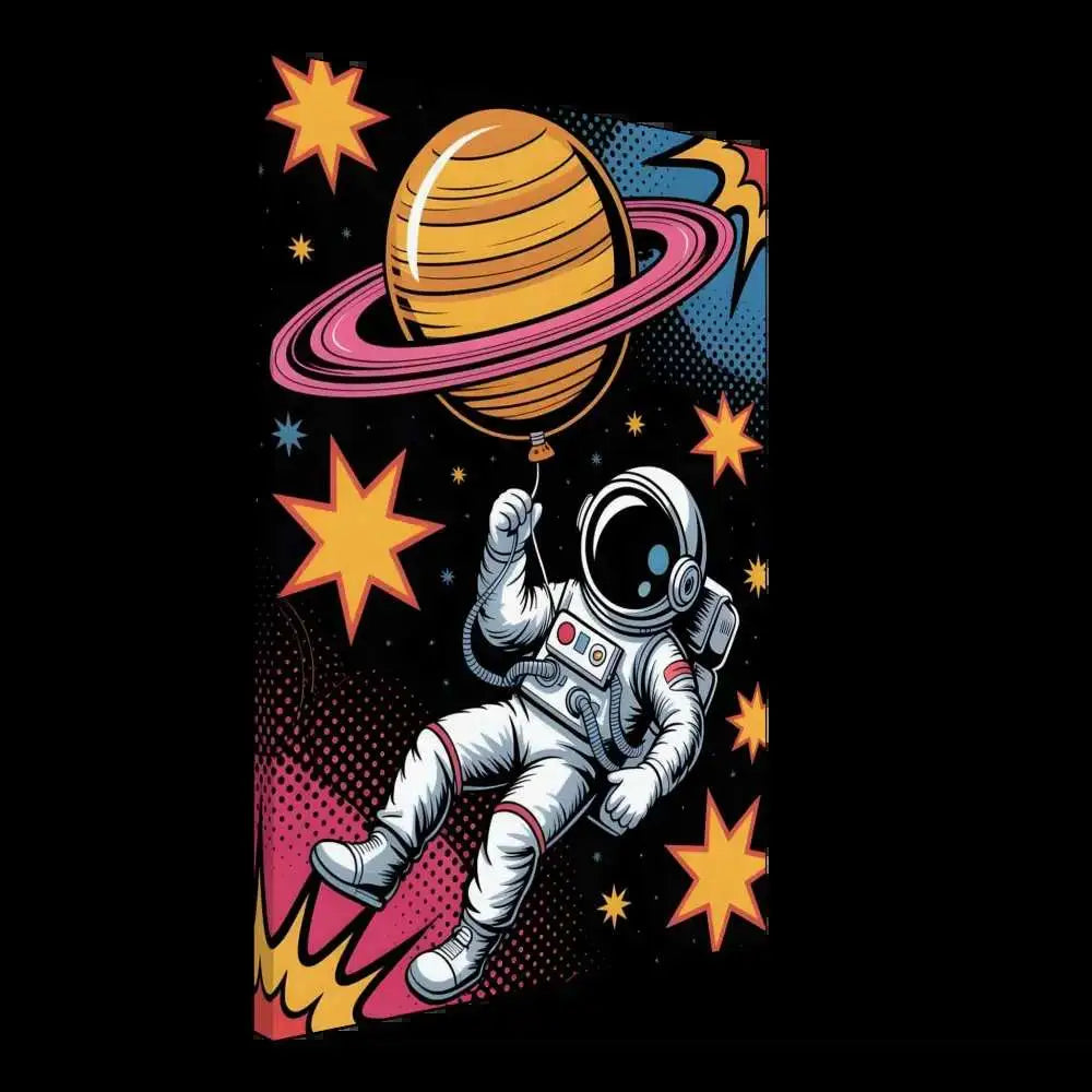 Astronaut in white suit holding Saturn-shaped balloon on artist-grade cotton-poly canvas