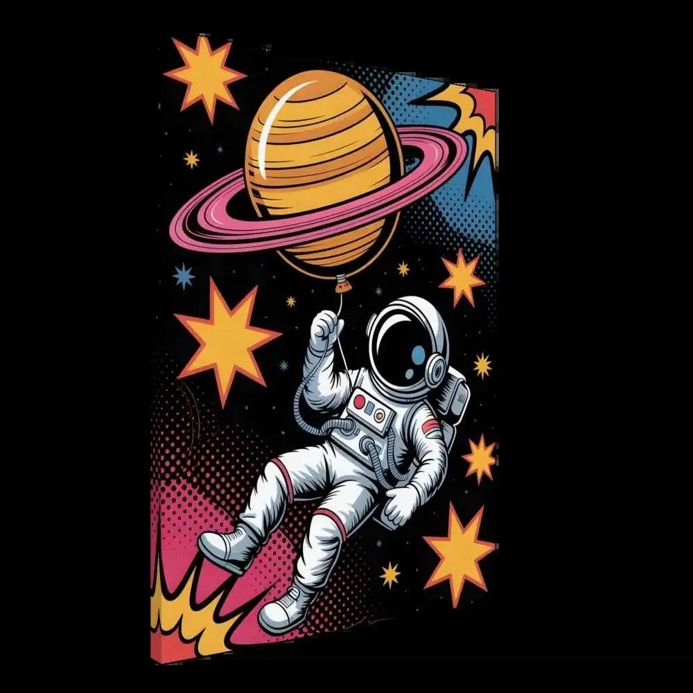 Astronaut holding a Saturn-shaped balloon on artist-grade cotton-poly canvas with fade-proof pigment