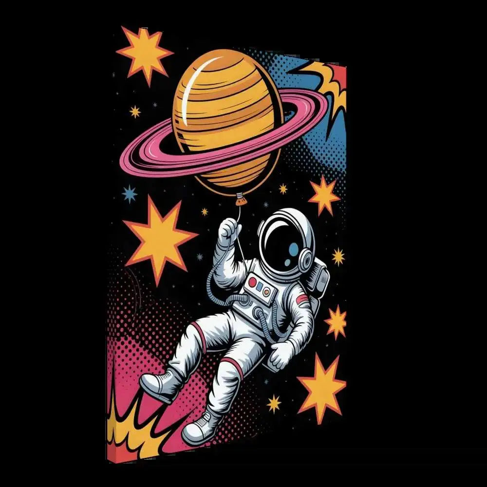 Astronaut holding a planet-shaped balloon on artist-grade cotton-poly canvas with fade-proof pigment