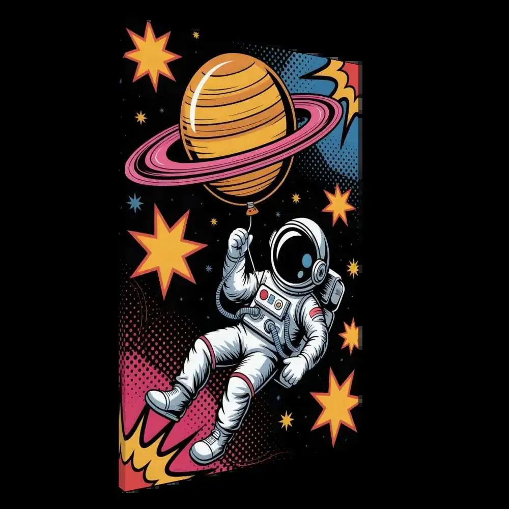 Astronaut floating in space holding Saturn-shaped balloon on Canvas – Saturn Balloon by PixiOnyx