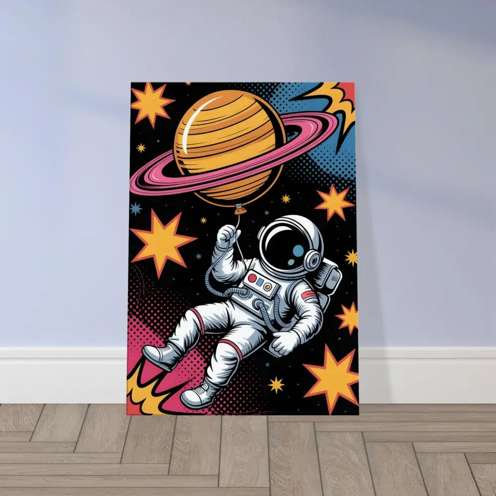 Canvas print of an astronaut holding a planet balloon in space on artist-grade cotton-poly canvas