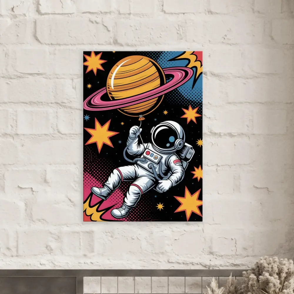 Astronaut holding Saturn balloon in vibrant space scene poster on artist-grade cotton-poly canvas