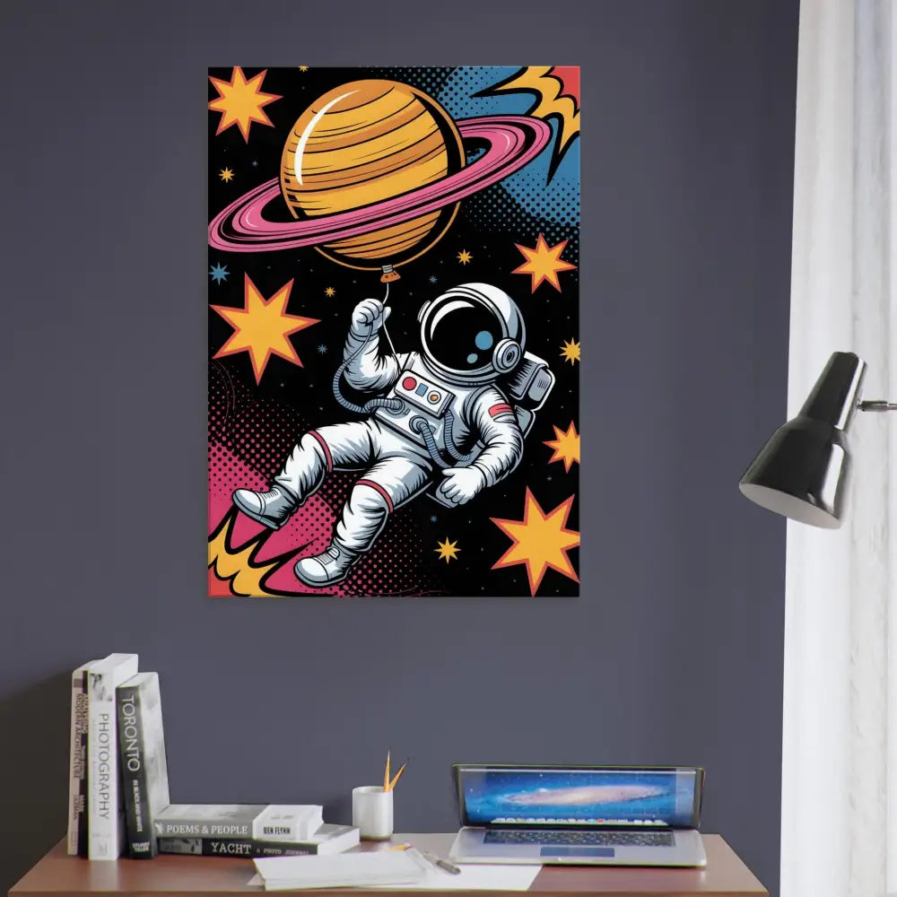 Pop art astronaut holding a planet-shaped balloon on artist-grade cotton-poly fade-proof canvas