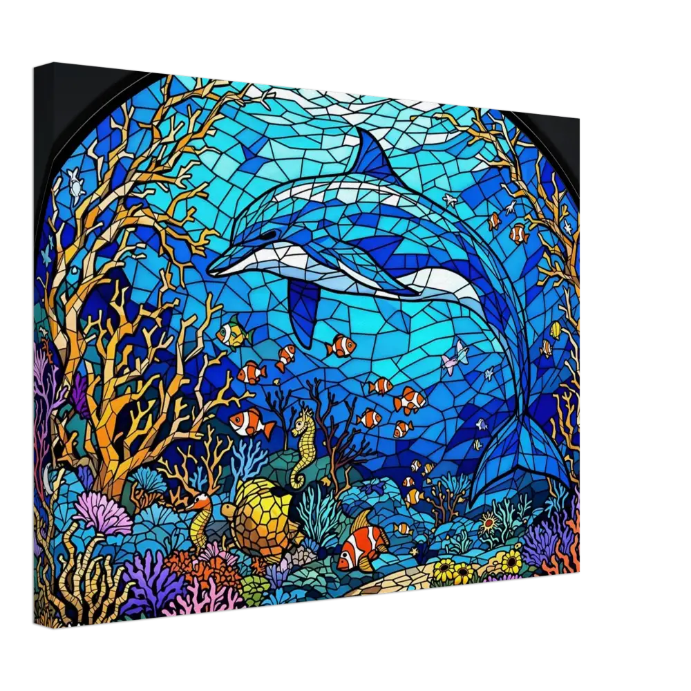 Stained glass dolphin scene on Canvas Sea Cathedral PixiOnyx Oceanlight Relic