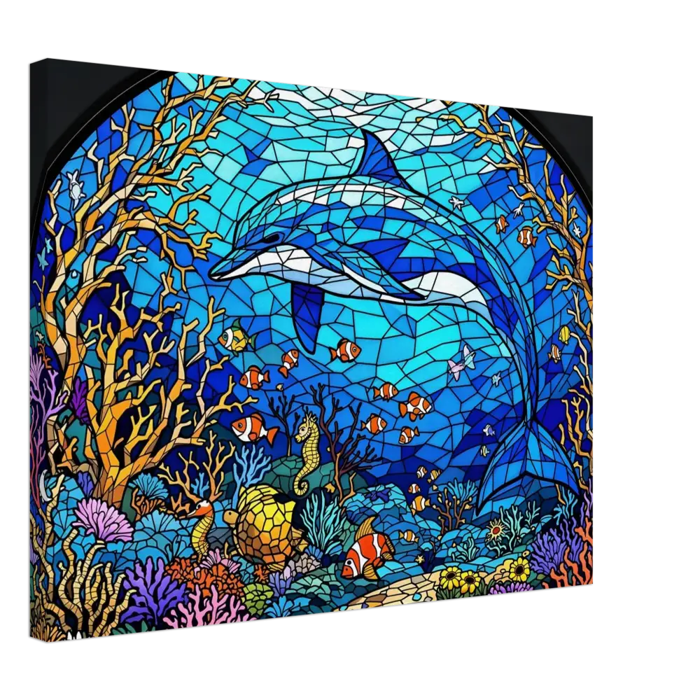 Stained-glass dolphin scene on Canvas Sea Cathedral PixiOnyx Oceanlight Relic