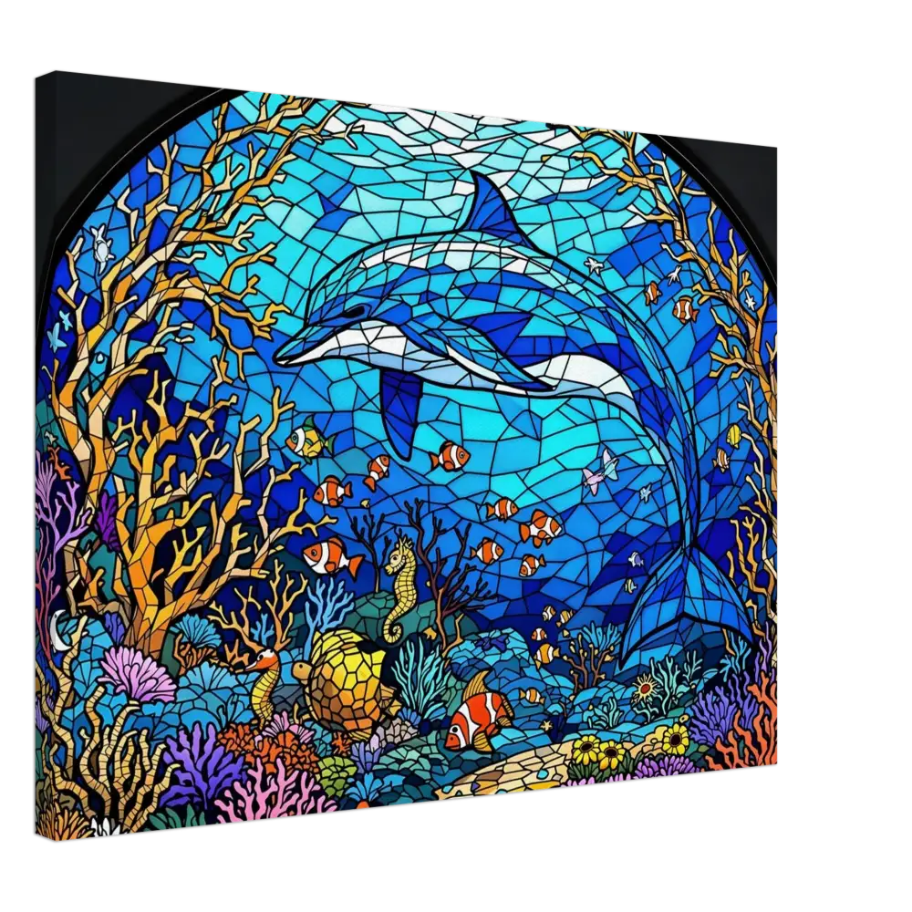 Stained glass dolphin scene on Canvas Sea Cathedral PixiOnyx Oceanlight Relic