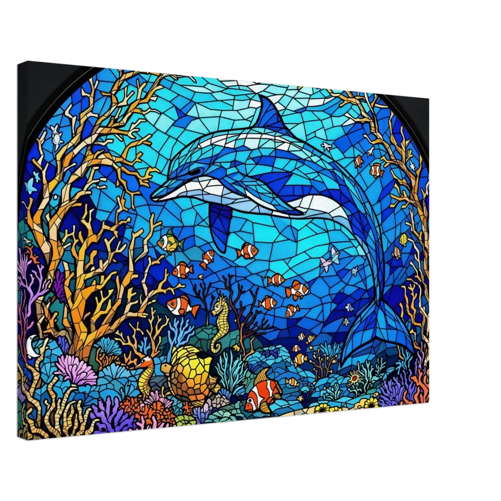Stained-glass dolphin artwork on Canvas Sea Cathedral PixiOnyx Oceanlight Relic