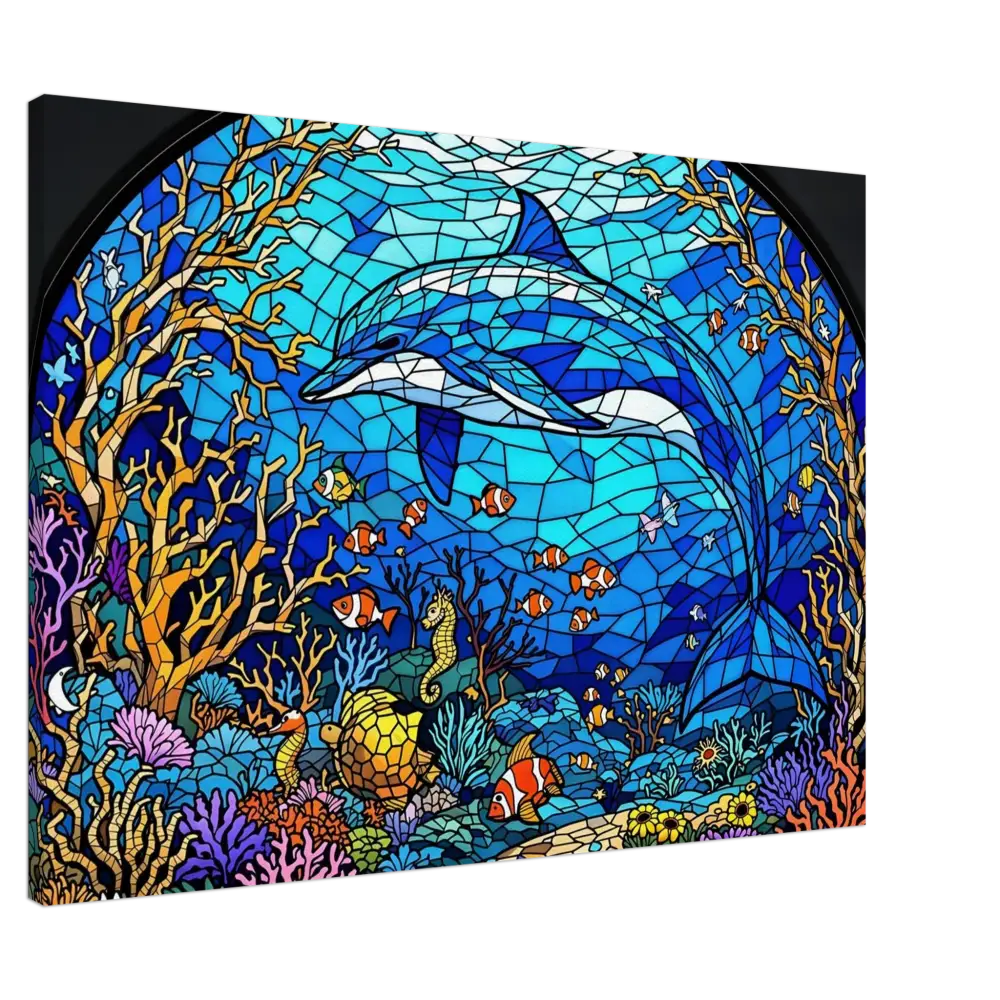Stained glass dolphin ocean scene on Canvas Sea Cathedral PixiOnyx Oceanlight Relic