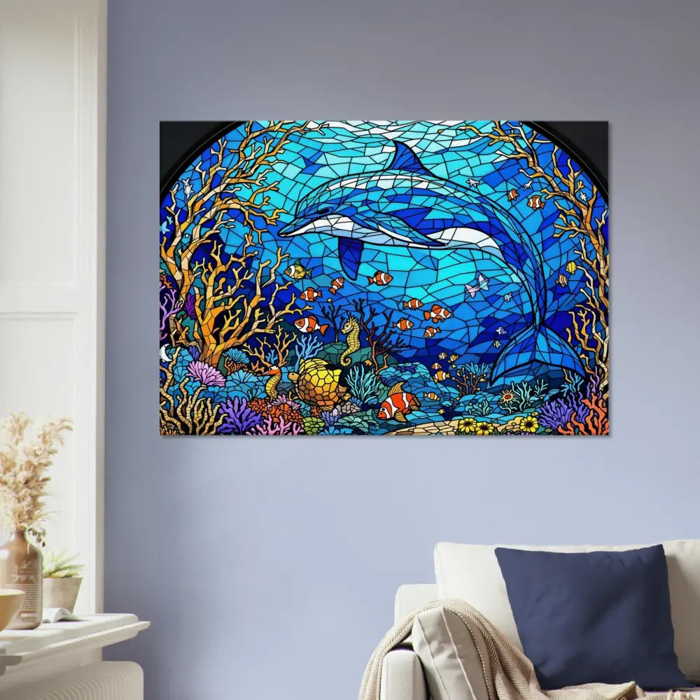 Dolphin stained glass artwork on Canvas Sea Cathedral PixiOnyx Oceanlight Relic