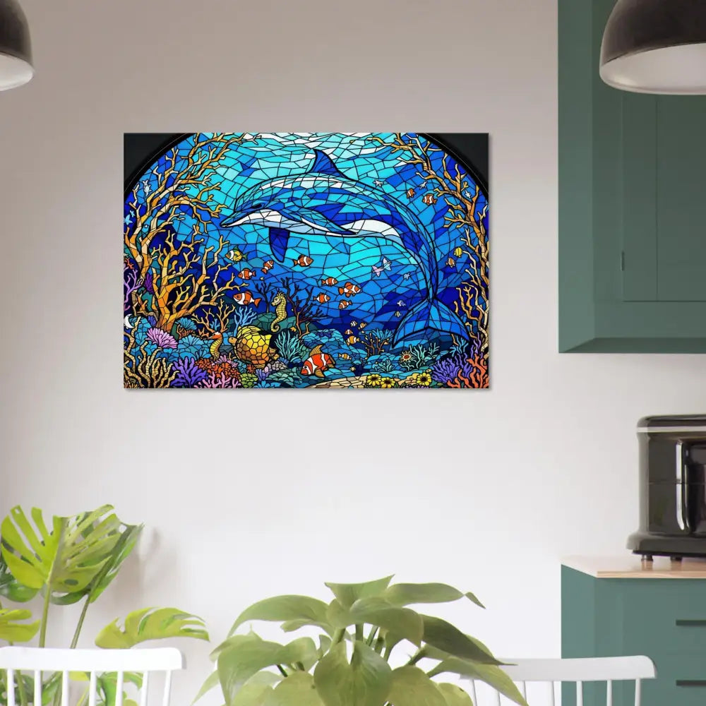 Dolphin stained glass artwork on Canvas Sea Cathedral PixiOnyx Oceanlight Relic