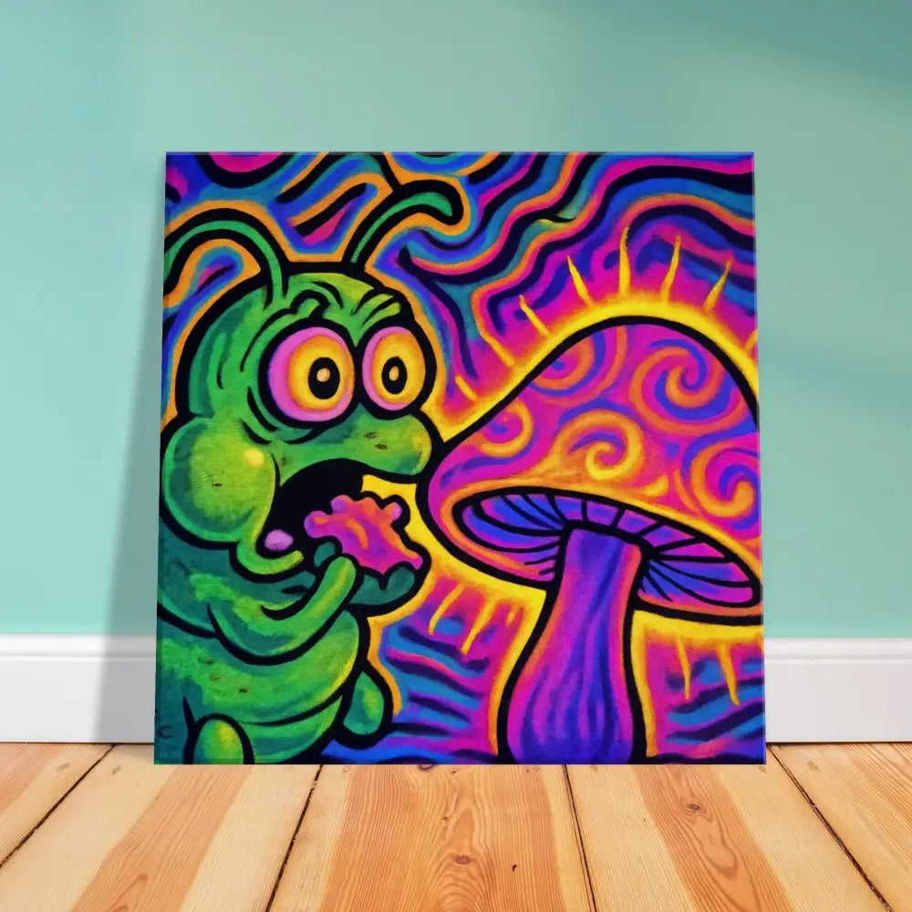 Psychedelic caterpillar and mushroom painting on Canvas Shroomapillar Snack Attack PixiOnyx