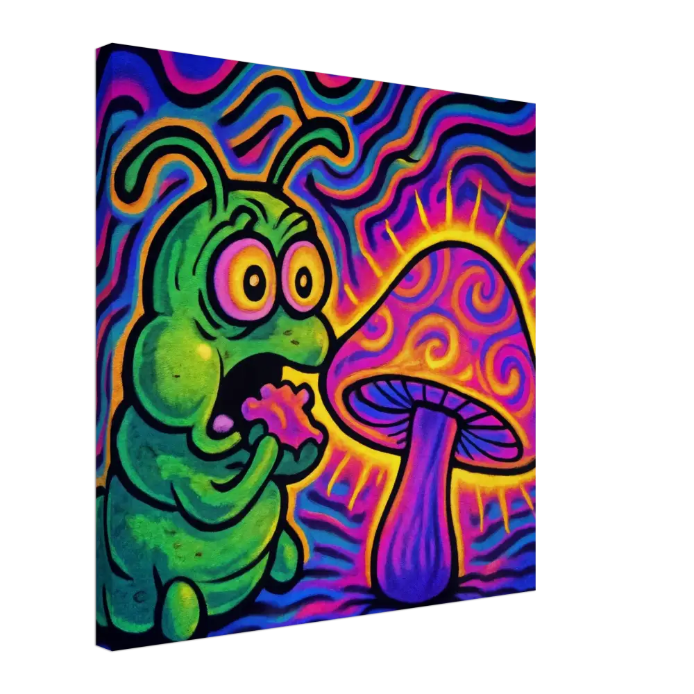 Psychedelic caterpillar and mushroom art on Canvas Shroomapillar Snack Attack PixiOnyx print