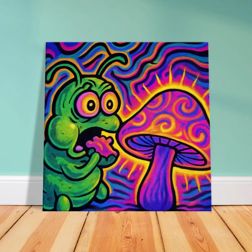 Psychedelic caterpillar and mushroom painting on Canvas Shroomapillar Snack Attack PixiOnyx