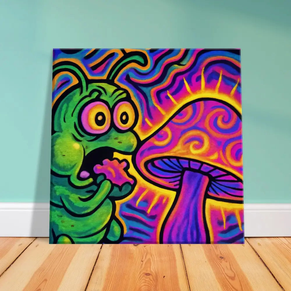 Psychedelic caterpillar and mushroom painting on Canvas Shroomapillar Snack Attack by PixiOnyx