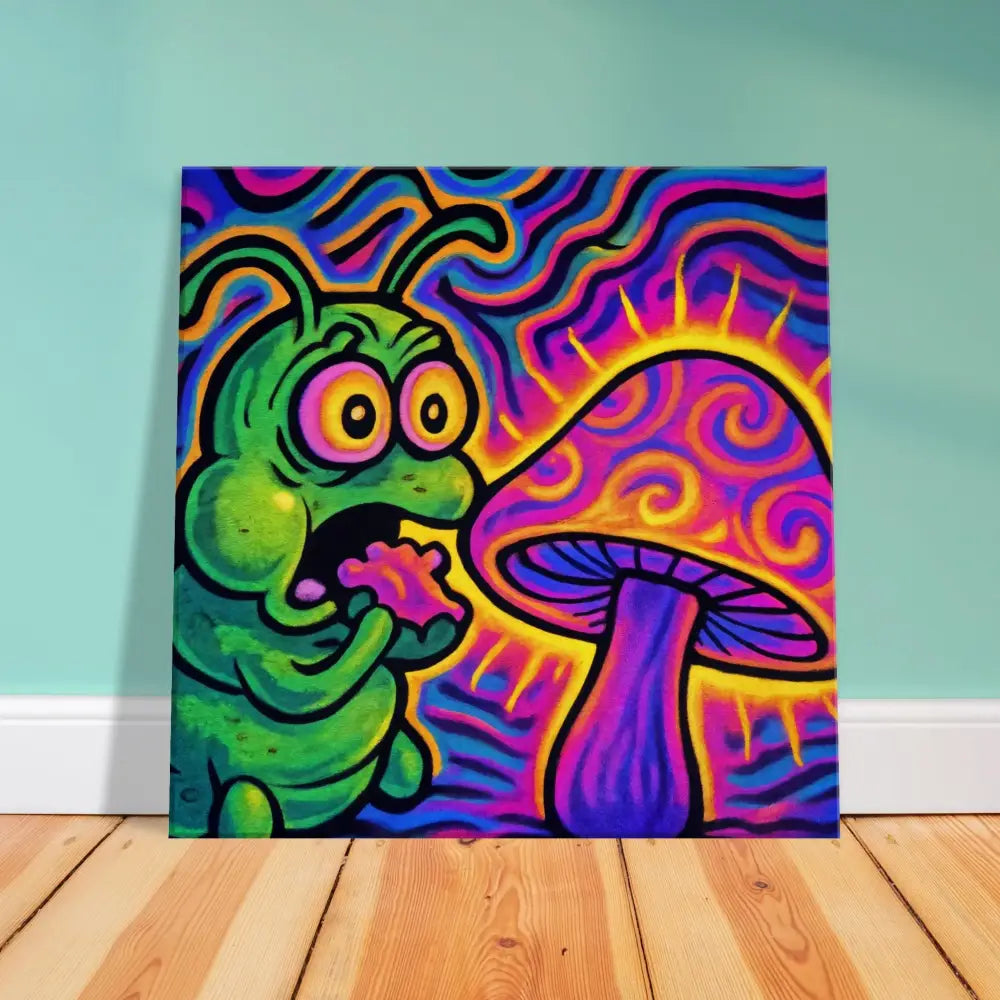 Psychedelic caterpillar and mushroom painting on Canvas Shroomapillar Snack Attack PixiOnyx
