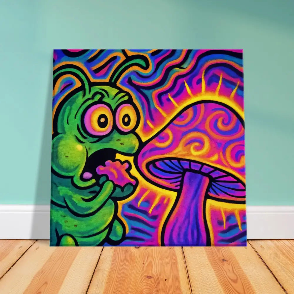 Psychedelic caterpillar and mushroom painting on Canvas Shroomapillar Snack Attack by PixiOnyx