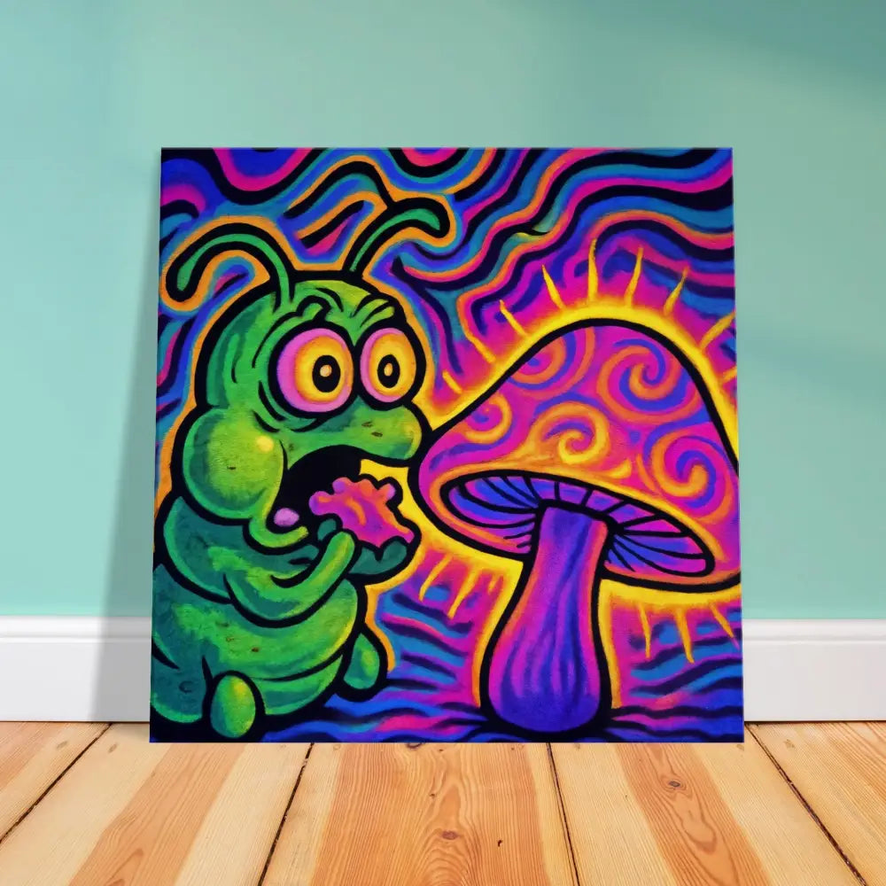 Psychedelic caterpillar and mushroom art on Canvas Shroomapillar Snack Attack PixiOnyx print