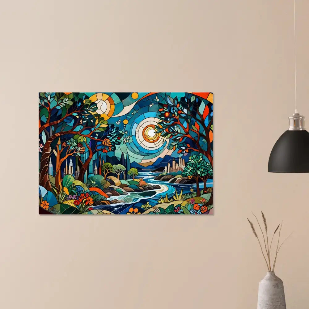 Colorful stained-glass landscape artwork on Canvas – Stained Horizon PixiOnyx edition