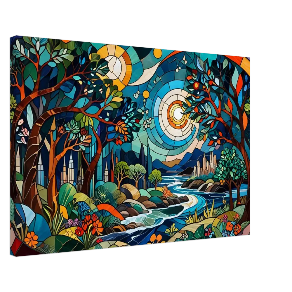 Stained-glass landscape painting on Canvas – Stained Horizon PixiOnyx Abstract Psychedelic Nature Lightflow Canvas Edition
