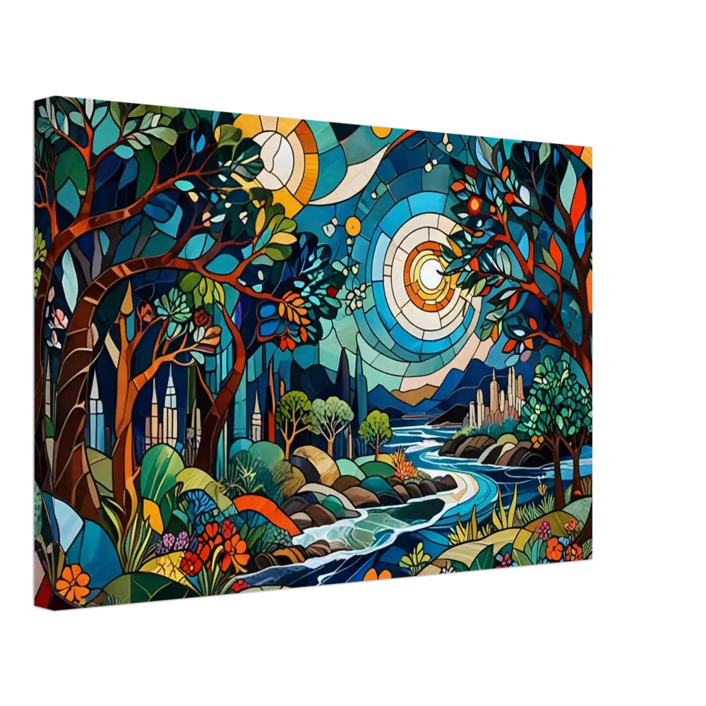 Stained glass landscape painting on Canvas – Stained Horizon by PixiOnyx Abstract Psychedelic Nature Lightflow Canvas Edition