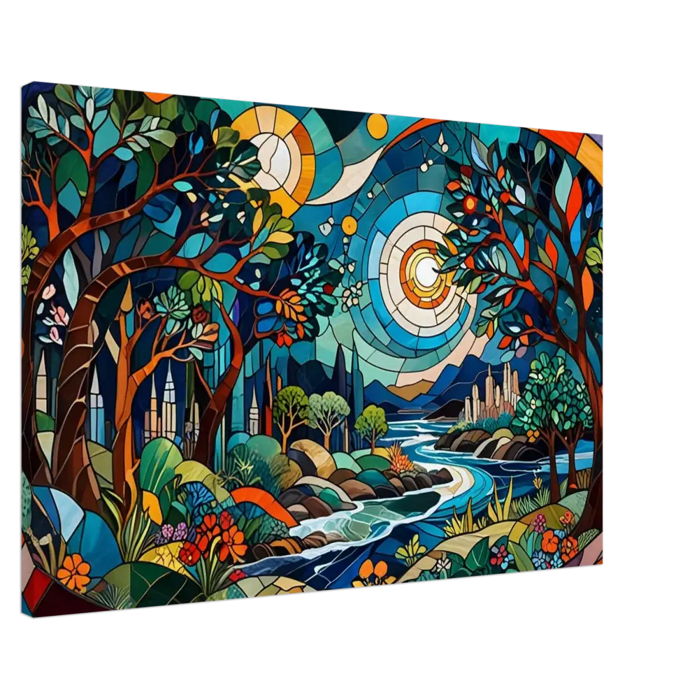 Stained-glass-style landscape painting on Canvas – Stained Horizon PixiOnyx Abstract Psychedelic Nature Lightflow