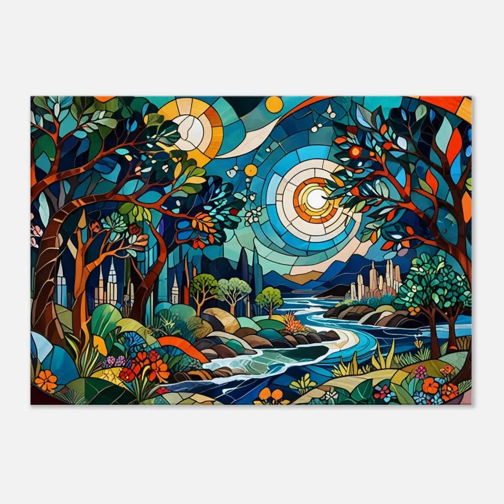 Stained-glass landscape artwork on Canvas Stained Horizon by PixiOnyx Abstract Psychedelic Nature Lightflow