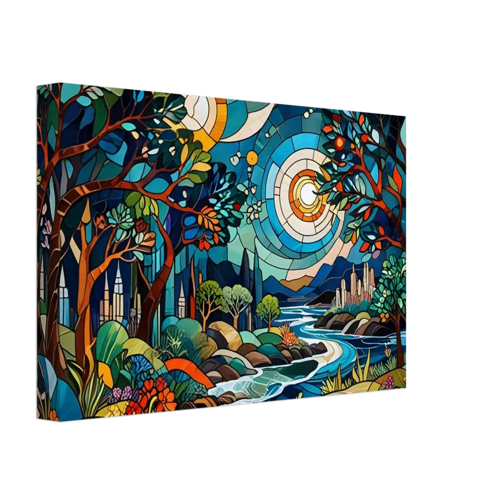 Stained glass landscape painting on Canvas – Stained Horizon PixiOnyx Abstract Psychedelic Nature Lightflow Canvas Edition