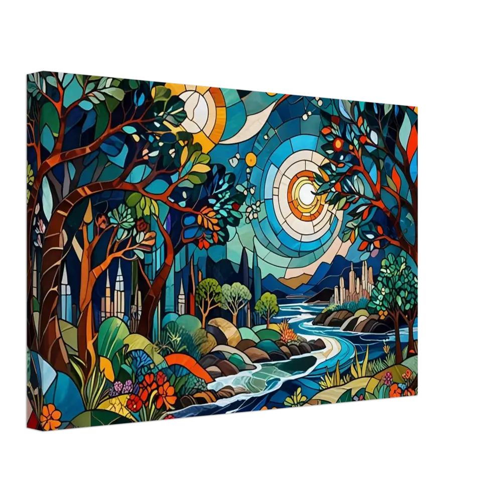 Stained glass landscape painting on Canvas – Stained Horizon by PixiOnyx Abstract Psychedelic Nature Lightflow