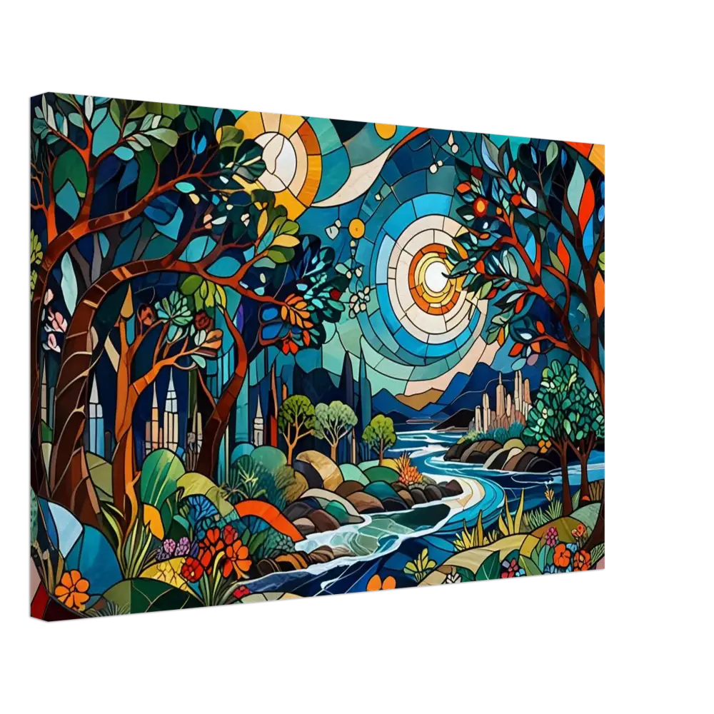 Stained glass landscape painting on Canvas – Stained Horizon PixiOnyx Abstract Psychedelic Nature Lightflow Canvas Edition