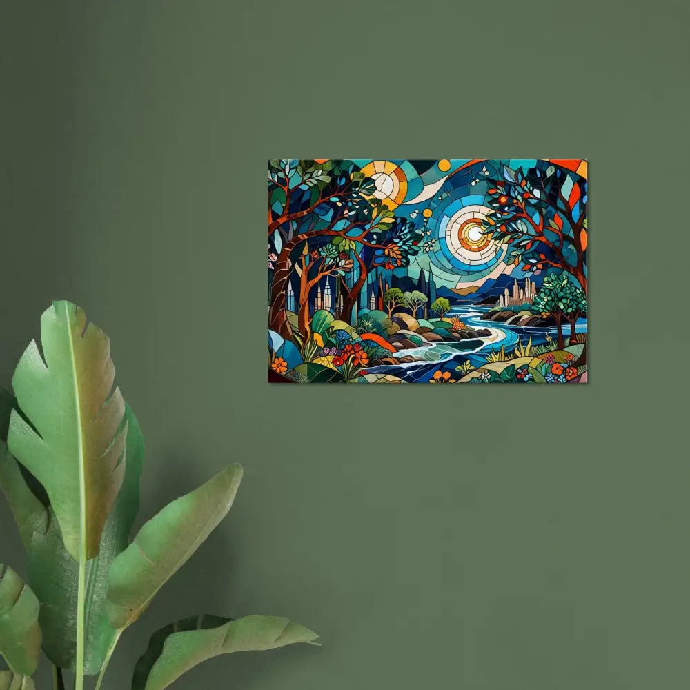 Colorful stained-glass-style landscape painting on Canvas – Stained Horizon PixiOnyx
