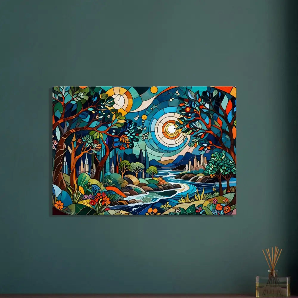 Stained-glass-style landscape painting on Canvas – Stained Horizon from PixiOnyx