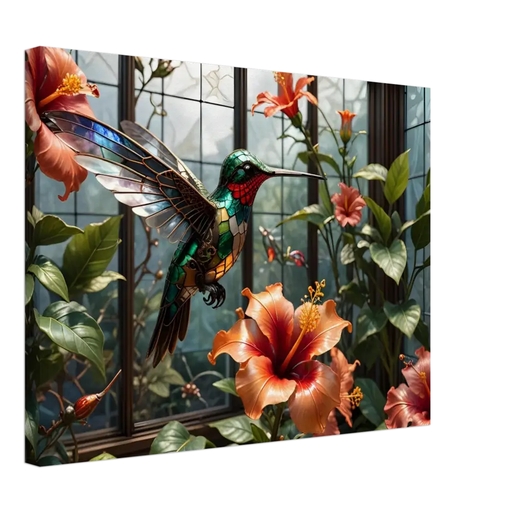 Stained glass hummingbird with hibiscus flowers on Canvas Steampunk Hummingbird Nature Art