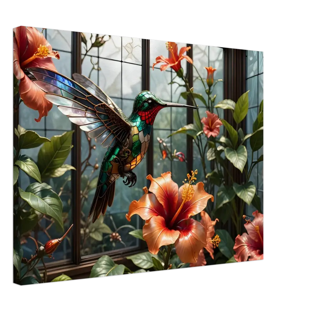Stained glass hummingbird with hibiscus flowers on Canvas Steampunk Hummingbird Nature Art