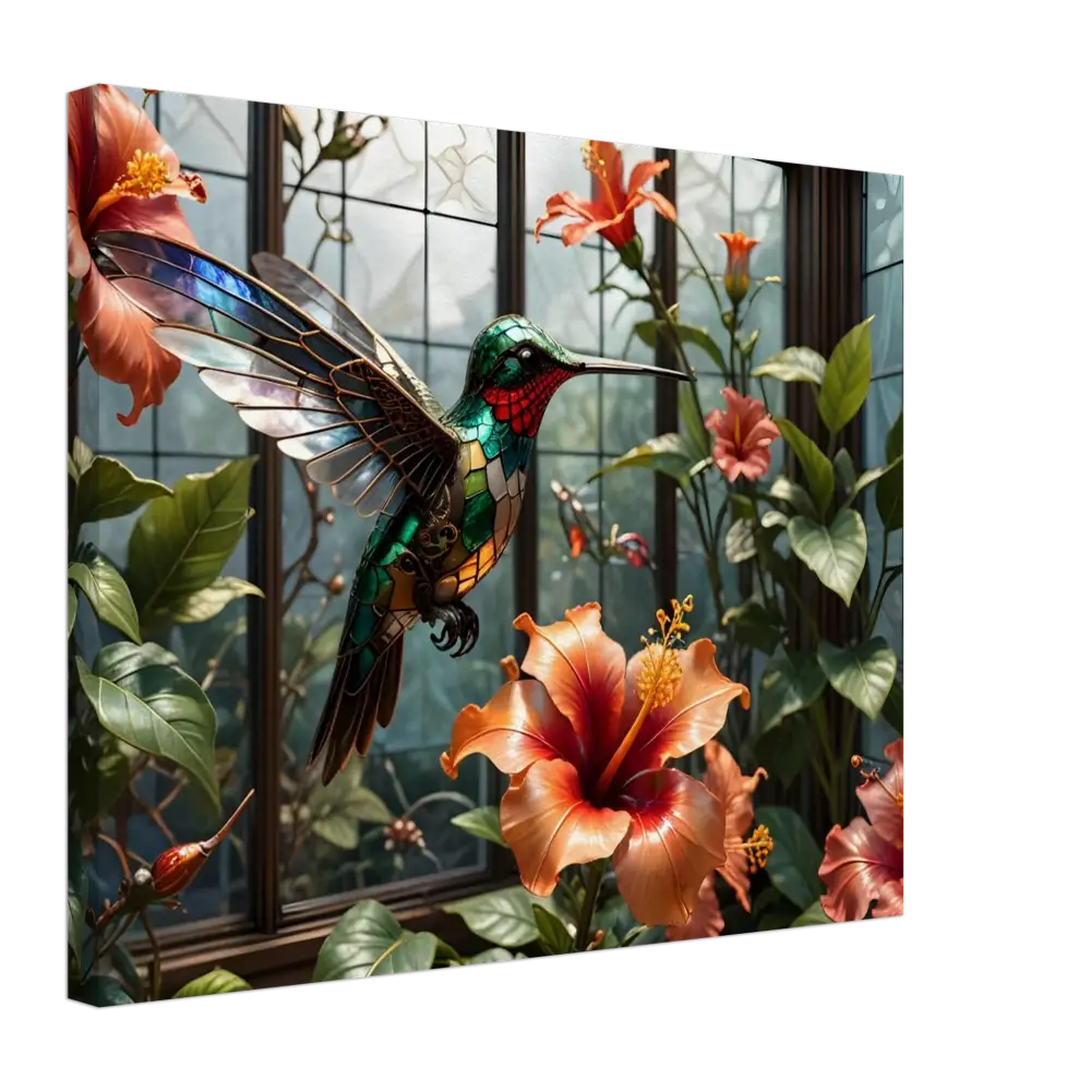 Stained glass hummingbird among hibiscus flowers on Canvas Steampunk Hummingbird Nature Art