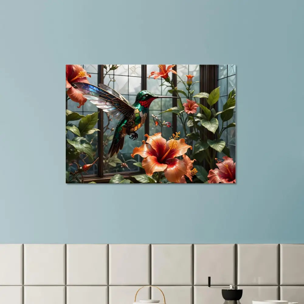 Hummingbird and hibiscus floral art on Canvas Steampunk Hummingbird Nature Art by PixiOnyx