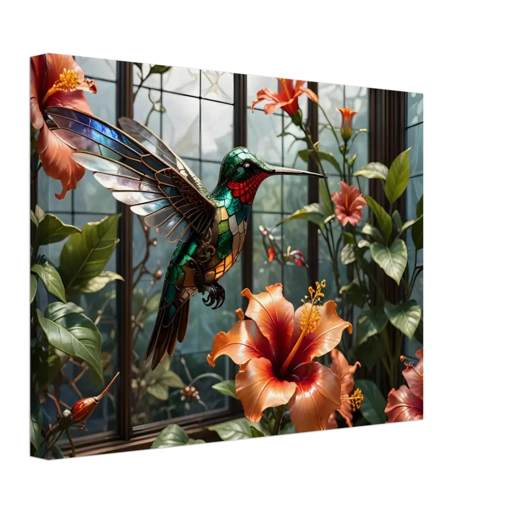 Stained-glass hummingbird among hibiscus flowers in Steampunk Nature Art Canvas