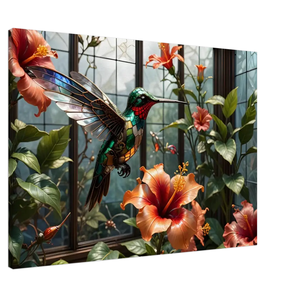 Stained-glass hummingbird among Hibiscus flowers on Canvas Steampunk Hummingbird Nature Art