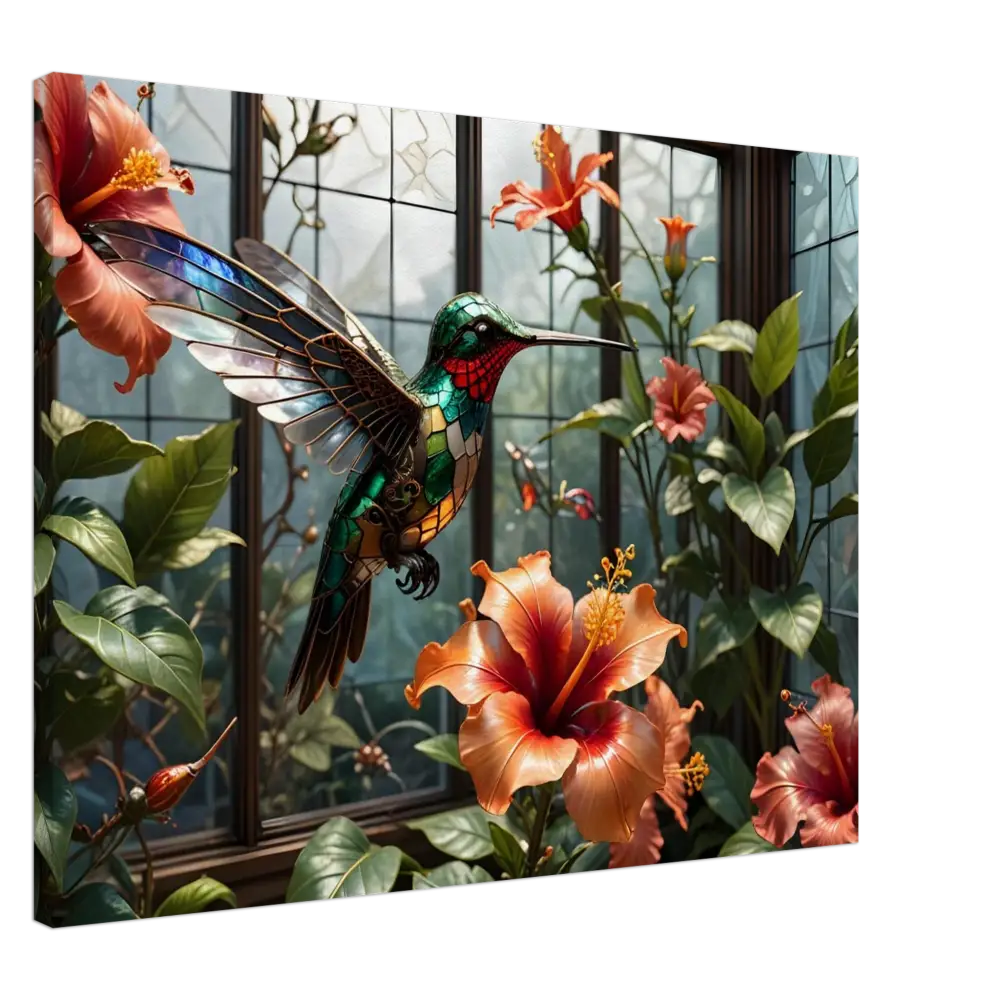 Stained glass hummingbird among hibiscus flowers in Canvas Steampunk Nature Art by PixiOnyx