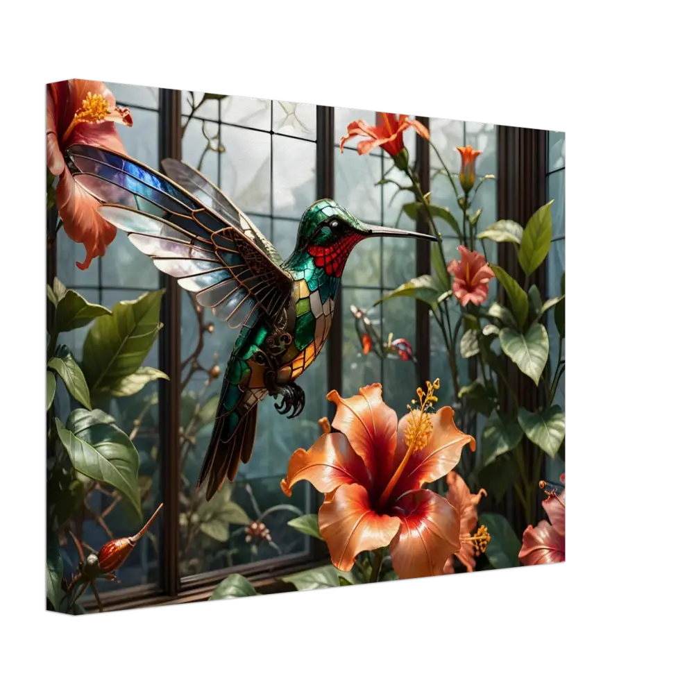 Stained-glass hummingbird among hibiscus flowers on Canvas Steampunk Hummingbird Nature Art