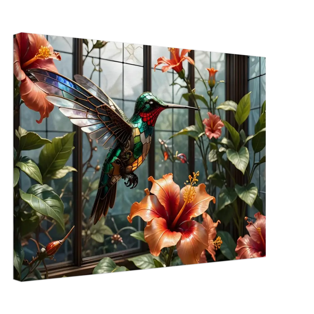 Stained glass hummingbird among hibiscus flowers in Canvas Steampunk Hummingbird Nature Art